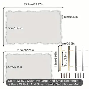 2 Large Irregular Epoxy Resin Rectangular Tray Silicone Molds With 4 Metal Golden And Silver Color Handles, Artificial Onyx Silicone Tray Molds For DIY Crafts Serving Plates, Dinner Plates, Fruit Trays, Epoxy Resin Casting Molds