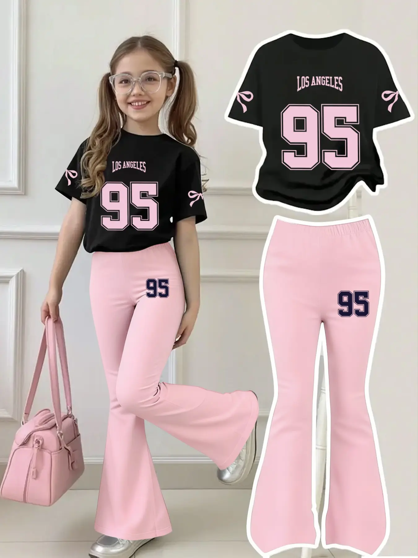 Girls' 4-12 Years Old American Style 95 Number Bow Short Sleeve Set, Casual Slim Fit, Breathable Fabric, Perfect for All Seasons, Summer Clothing Set, Tee Pants Set, Summer Outfits Set, Summer Clothes Set