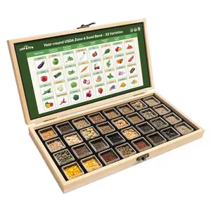 LUSH&DEW Year-Round USDA Zone 6 Seed Bank - 32 Organic Garden Plant Seed Varieties with Vegetables Herbs Flowers All Seasons Storage Box Included
