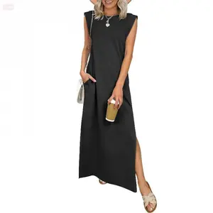 YehGoods 2026 Women Summer Casual Sleeveless Maxi Dress Crewneck Loose Split Wrinkle-Free Beach Travel Vacation Long Sundress