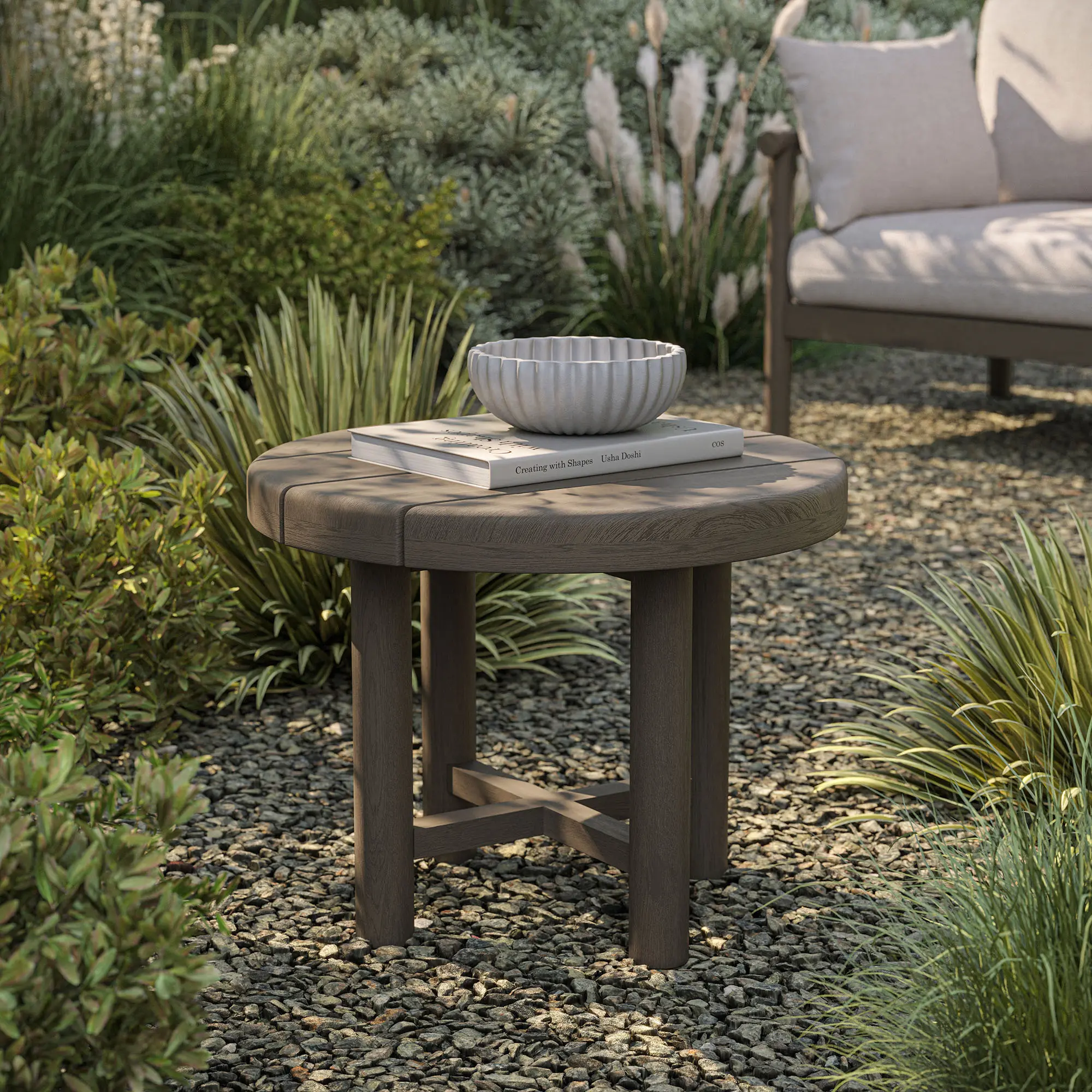 Eleni 20-Inch Round Outdoor Teak Wood Side Table in Weathered Gray Teak