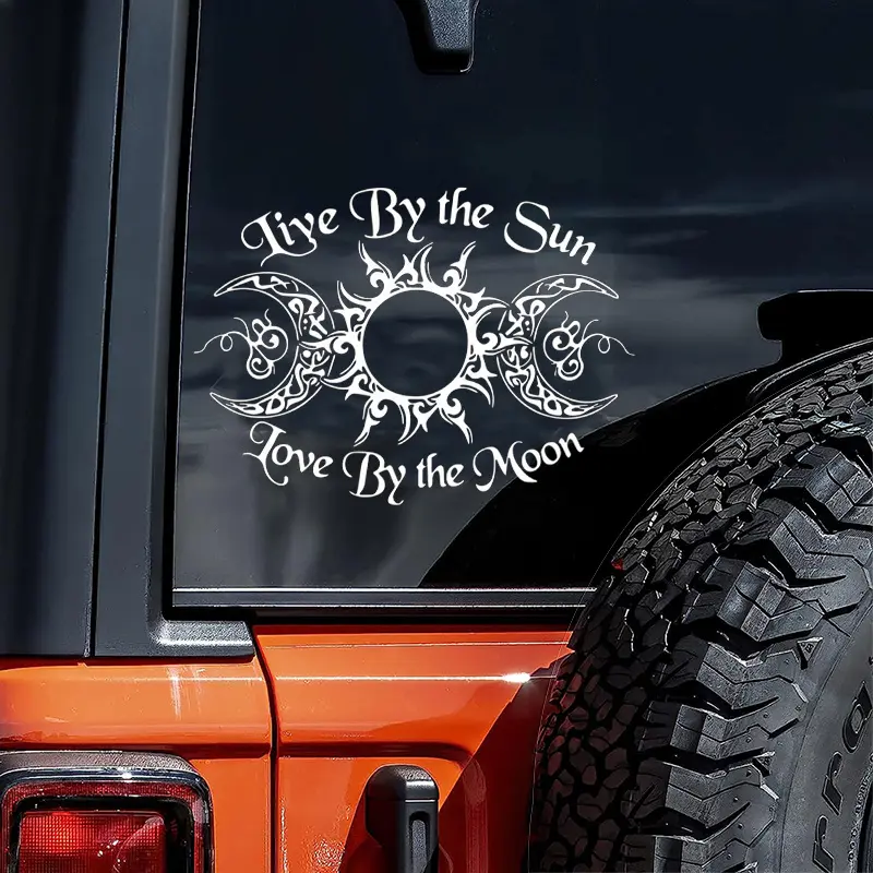 1PC Mystic Vintage Sun-Moon Logo Sticker Car Decals, Decal For Cars, Stickers For Cars, Stick on off-road vehicle windows or backpacks. White sun & double moons + vintage script slogan decor vibe