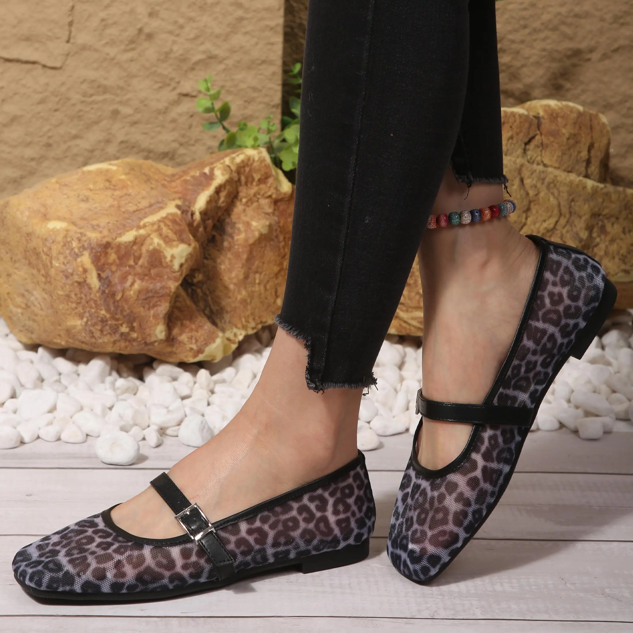 Mesh Ballet Flats for Women Comfortable Square Toe Slip On Flats Soft Animal Print Shoes