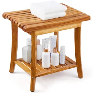 VEVOR Teak Shower Bench,  20 x 14.3 x 17.9 in, Waterproof Wood Shower Stool with Storage Shelf Non-Slip Foot Pads, 400 lbs Maximum Load Capacity Shower Chair Seat, for Bathroom Indoor and Outdoor Use