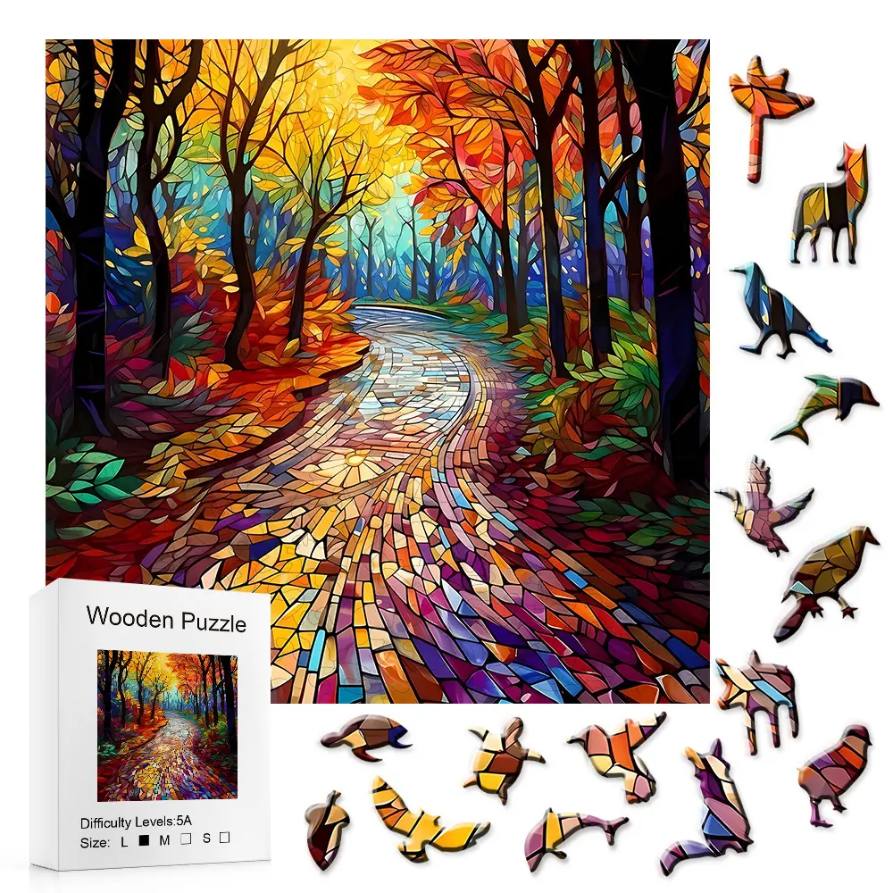 Aralia 5A Stained Glass Art Wood Block Jigsaw Puzzle - Vibrant Autumn Forest Path DIY Craft, Unisex Stress Reliever, Home Decor, Screen Time Alternative, Thoughtful Festival Gift for Puzzle Enthusiasts (Boosts Artistic Charm, Creativity, Problem-Solving),