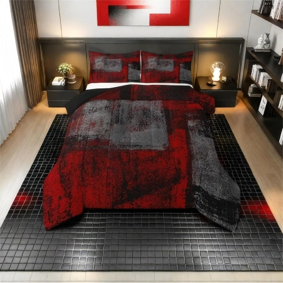 Feelyou Queen-King Microfiber Bed Set - Bohemian All-Seasons Bedding with Duvet Insert & Queen Comforter, Red-Black-Dark Grey Watercolor Art Moody Quilt, Vintage Hippie Graffiti Oil Painting Style, Tight Stitching Holds Loft