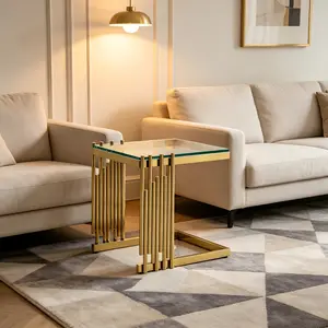 Luxury C-Shaped Side Table, Gold Stainless Steel Frame End Table with Clear Tempered Glass Tabletop, Modern Minimalist Square Corner Table, Multifunctional Sofa Couch Side Table for Living Room Bedroom Small Space, Easy Assembly & Stain Resistant