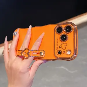 Electroplated Dual Heart Wave Large Window Phone Case, Cover, Accessories, Heart Wrist Strap, Vibrant Colors, Protection, Fits iPhone 11/12/13/14/15/16/17 Pro/pro Max/plus