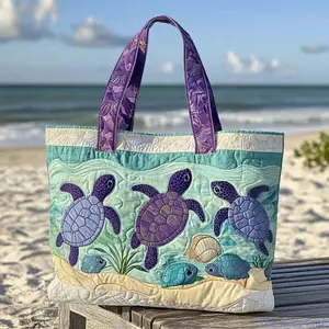 3D Floral Turtle Beach Print Canvas Tote Bags, Large-Capacity Reusable Travel & Shopping Bag for Summer Daily Use