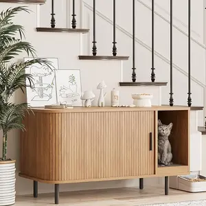[SummerVibes] Vabches Cat Litter Box Enclosure with Cat Scratch Pad, Sliding Door, 37.4" Litter Box Enclosure Furniture Hidden Litter Box, Modern Indoor Cat House, TV Stand, Side End Table for Living Room,summervibes