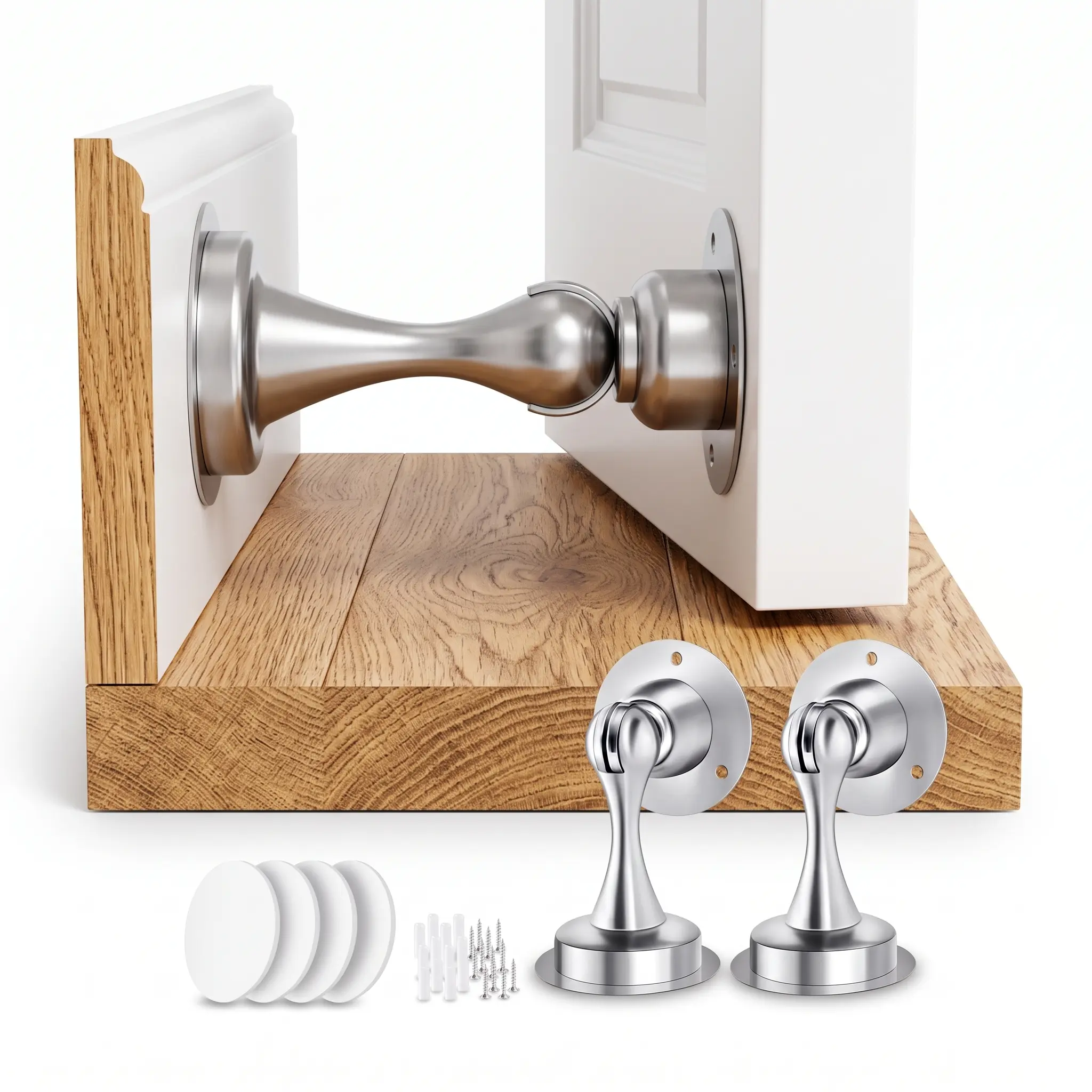 2-Pack Stainless Steel Magnetic Door Stoppers with Magnetic Grip, Anti-Slamming Anti-Collision Decorative Frame Stops, No-Drilling Installation via Adhesive Strips, Silver Wall/Floor Protection Hardware