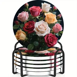 6-Piece Cup Mat Set, Colorful Rose Design, Ceramic Material, Non-Slip & Heat Resistant, Ideal for Coffee & Drink Home Decor Gift