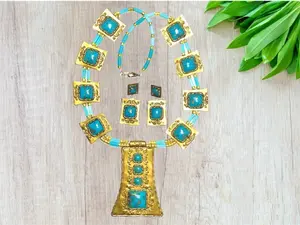 Faux Turquoise Gold Squash Blossom Necklace Set Boho