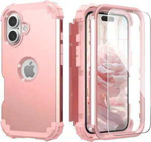 for  16 Plus Case with Screen Protector for Women, 3 in 1 Shockproof Slim Fit Hybrid Heavy Duty Hard PC Cover Soft  Bumper Full  Anti-Fingerprint Case, Rose