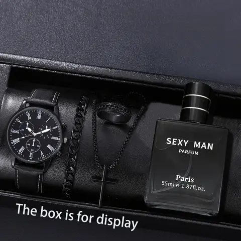 Men's Analog Quartz Jewelry Watch Set with Perfume & Pendant Necklace Bracelet Ring, Perfect Gift for Father's Day Thanksgiving Back-To-School Birthday