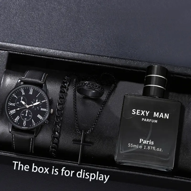 Men's Analog Quartz Jewelry Watch Set with Perfume & Pendant Necklace Bracelet Ring, Perfect Gift for Father's Day Thanksgiving Back-To-School Birthday