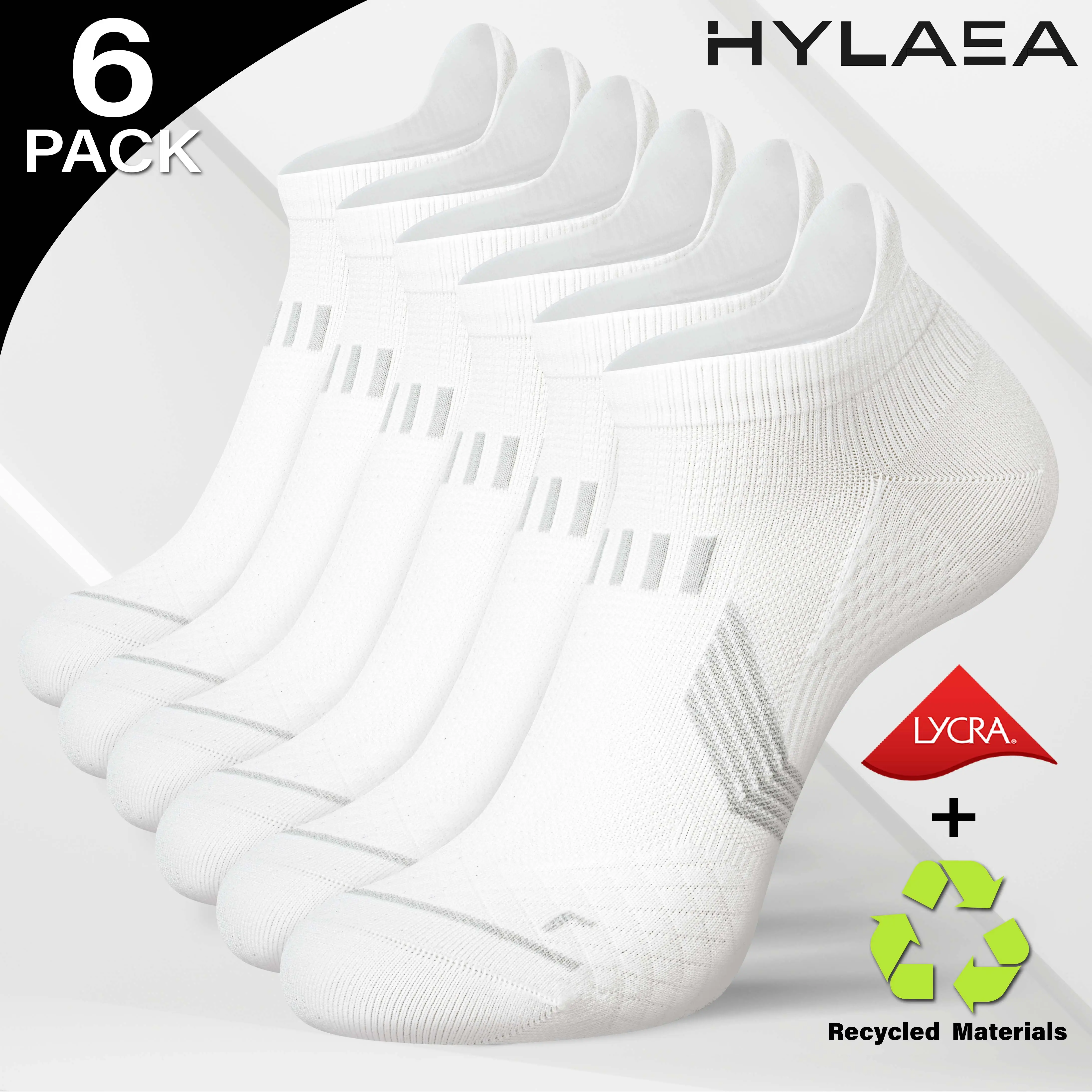 Hylaea 6-Pack Unisex Ankle Sportswear Socks for Men & Women, Lightweight Plain Recycled Nylon, Arch Support, Light Compression, Mint Scent, Breathable Mesh, Multi-Size, All-Season
