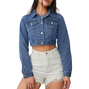 Cropped Denim Jean Jacket Button Down Frayed Washed Long Sleeve Casual Jacket Coats