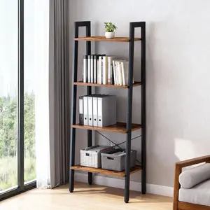 Ladder Shelf, 4-Tier Display Bookshelf, Industrial Style Storage Standing Shelf, Decorative Shelves with Stable Frame for Living Room, Bedroom, Office, Kitchen, Bathroom, Brown