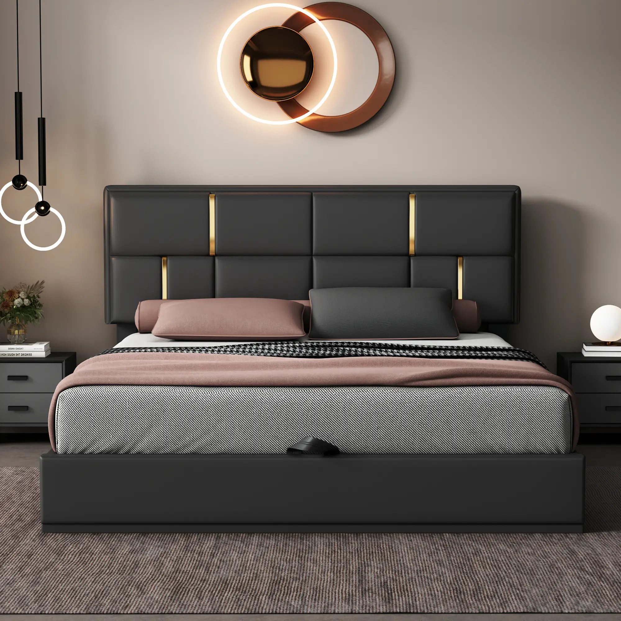 Queen Size Bed with Lift Up Storage, Upholstered Queen Platform Bed with Hydraulic Storage System, No Box Spring Needed