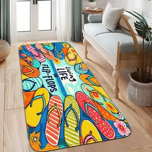 1pc Flannel 100% Polyester Hawaiian-Beach Variety-Flip-Flop RUNNER CARPET, aisle/living/door light absorb light slip-safe, tropical vibe glow-up home path, bedside/bath/kitchen fit, gentle-wash easy-clean