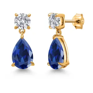 18K Yellow Gold Plated Silver Blue Created Sapphire and Lab Grown Diamond Earrings for Women | 8.62 Cttw | Gemstone September Birthstone | Pear Shape 12X8MM