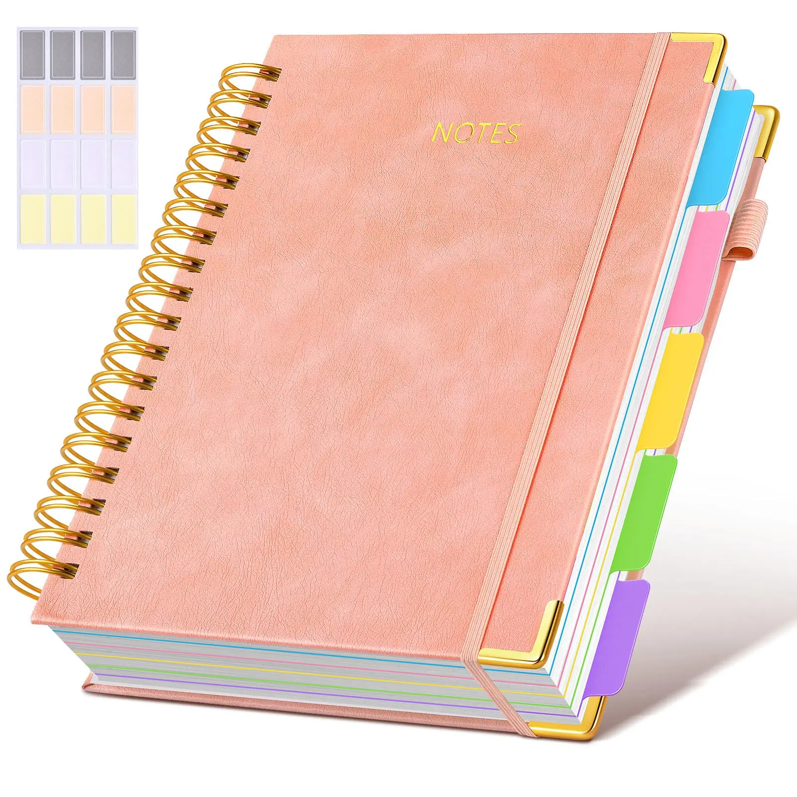 B5 (8" x 10") Leather Hardcover Spiral Notebook, 300 Pages College Ruled, 180° Flat Layout Design, Adjustable Dividers/Tabs, 5-Subject, Classroom Use, Women's Aesthetic Journal for School Work & Note Taking, 100 Gsm Acid-Free Ivory Paper