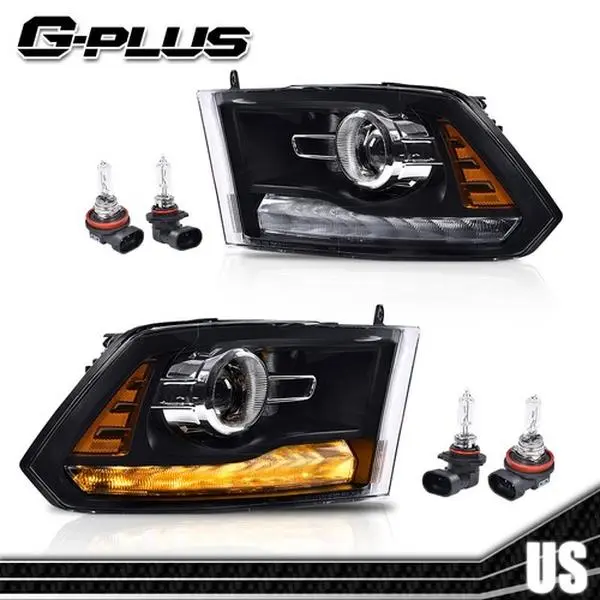 G-PLUS Headlight Replacement for 2009-2018 Dodge Ram 1500, 2500, 3500 - Black Projector Headlights with LED DRL, Front Lights