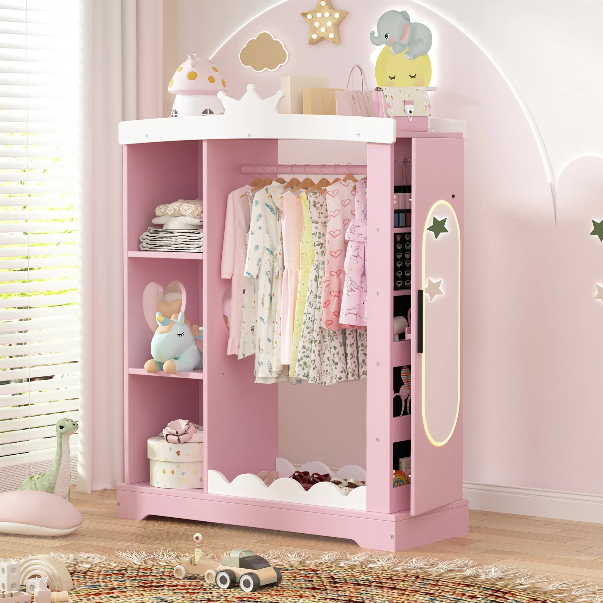 Topwin Kids Armoire - Single Unit Princess Look Furniture with Lighted Full-Length Mirror, Jewelry Cabinet, Wave Trim Shelves, Closet Organization Pink & White Wardrobe
