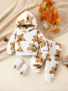 Boys' Toddler Cartoon Bear Hoodie Set, Long Sleeve Pullover & Pants, Casual Fall, Outdoor Activities, Comfortable Fit