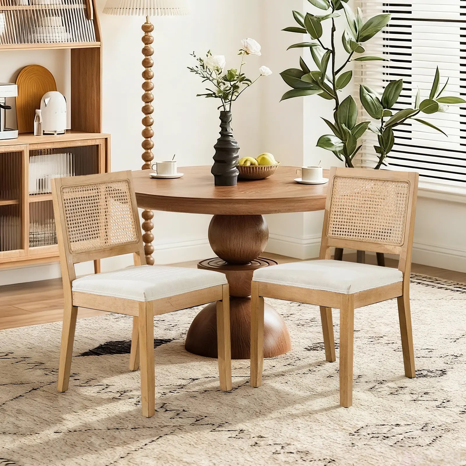 French Country Dining Chairs Set,Farmhouse Upholstered Dining Room Chairs with Rattan Back and Solid Wood Leg,Rattan Kitchen Chairs for Kitchen/Bedroom/Dining Room