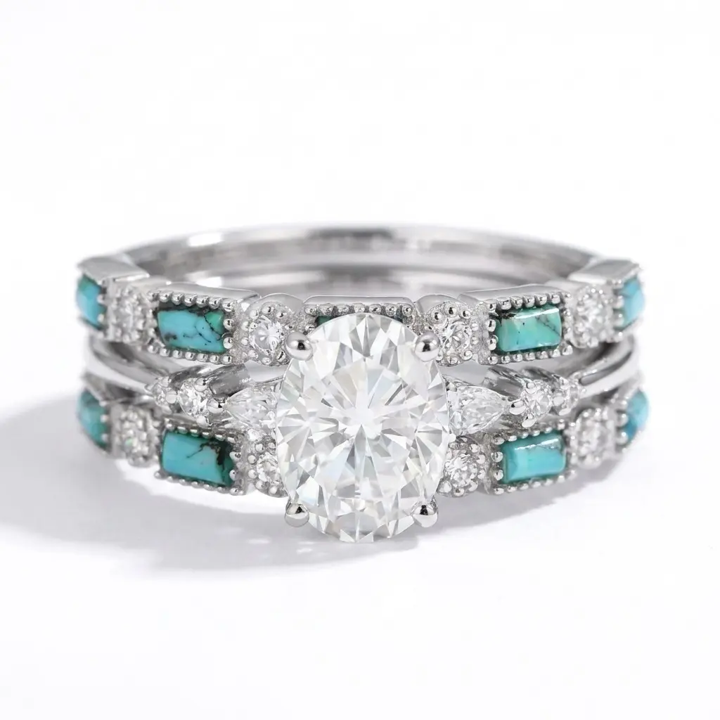 3-in-1 Synthetic Lab Moissanite Cluster Ring Stack - Minimalist Boho Design, Side-Stones Combined Setting, Fine Sparkling Artificial Diamond Statement Piece for Engagement, Beautiful Fashion Moissanite Rings