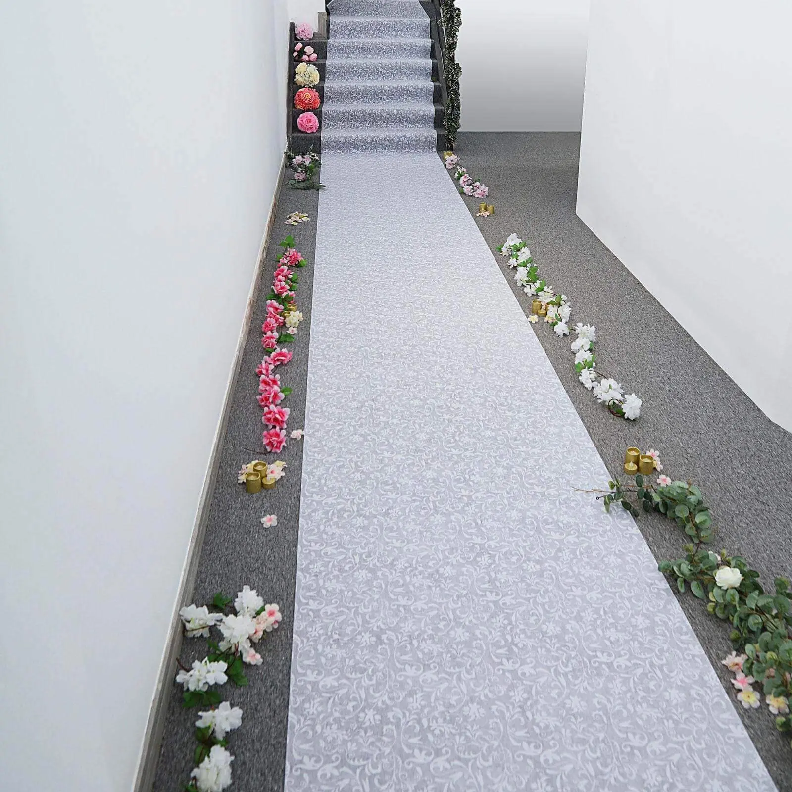 36"x100ft Decorative White Floral Lace Aisle Runner - Wedding Supplies, Festive & Party Decor with Flowers