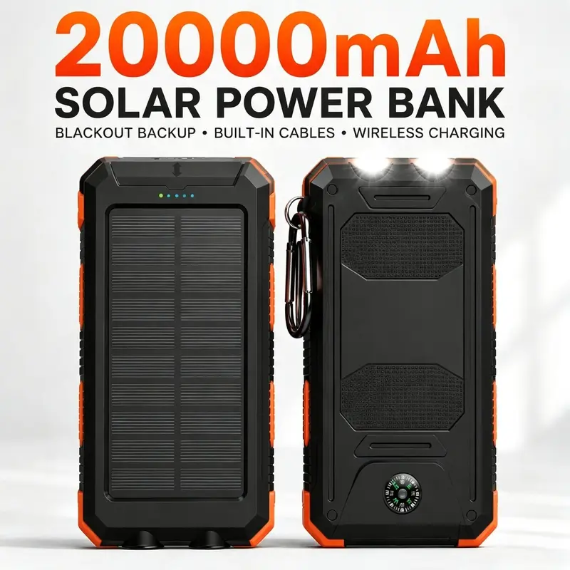 20000mAh Compact Anti-Drop Shell Solar Power Bank, Durable Chargeable Solar Panel Charger with QC3.0 Dual USB Output, Emergency Outdoor Charging Accessory for Mobile Phones & Electronic Devices, Multi-Device Charging Solutions
