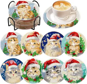 8-Pcs Colorful Plastic 5D Diamond Painting Christmas Cat Coaster Set with Non-Slip Mat Holder, DIY Needlework Craft for Cat Lovers, Beach & Christmas Decor Tableware Drink Mats