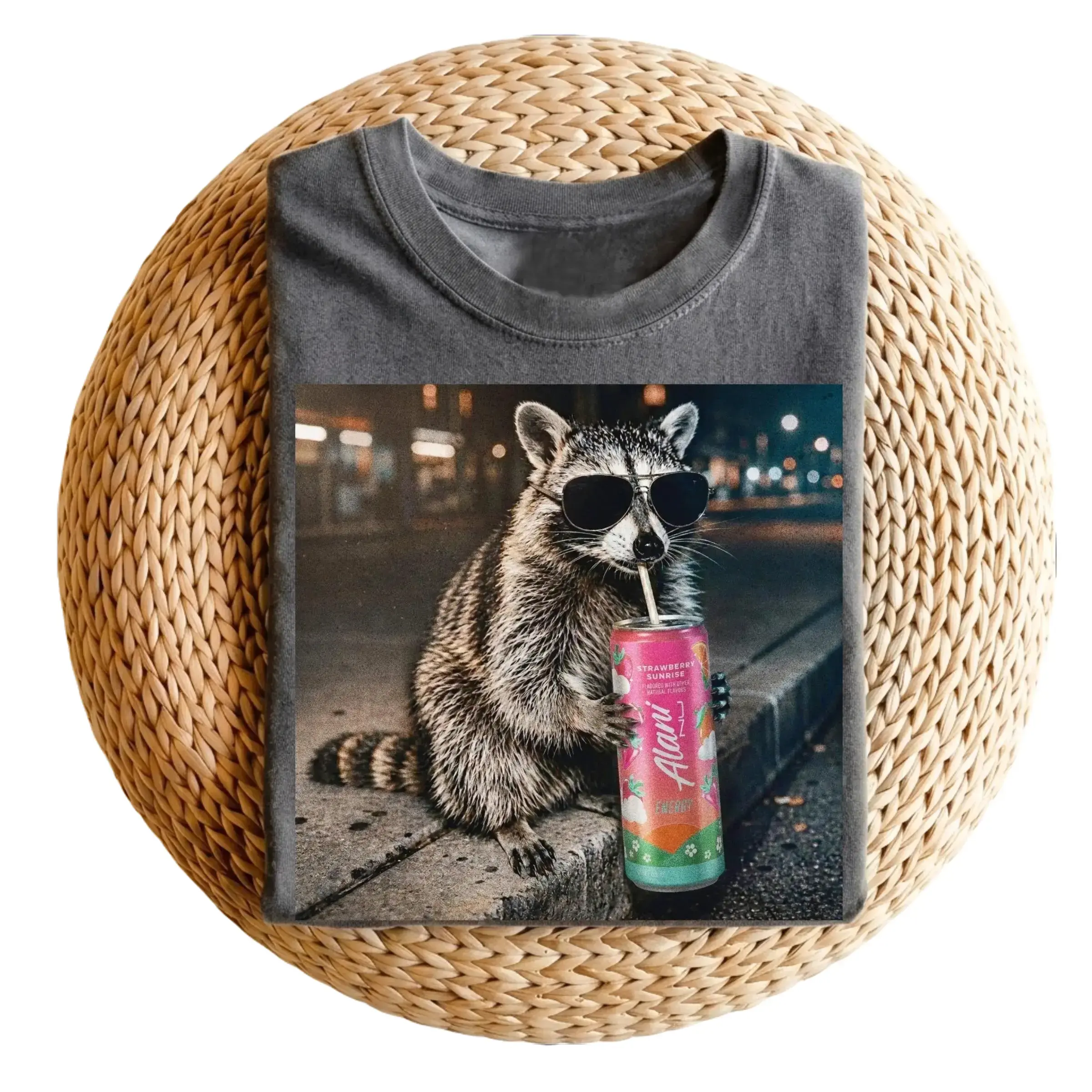 Comfort Colors Raccoon Alani Drink Graphic Tee, Strawberry Sunrise Alani Tee, Fun Animal Lover Shirt, Vintage Raccoon Shirt