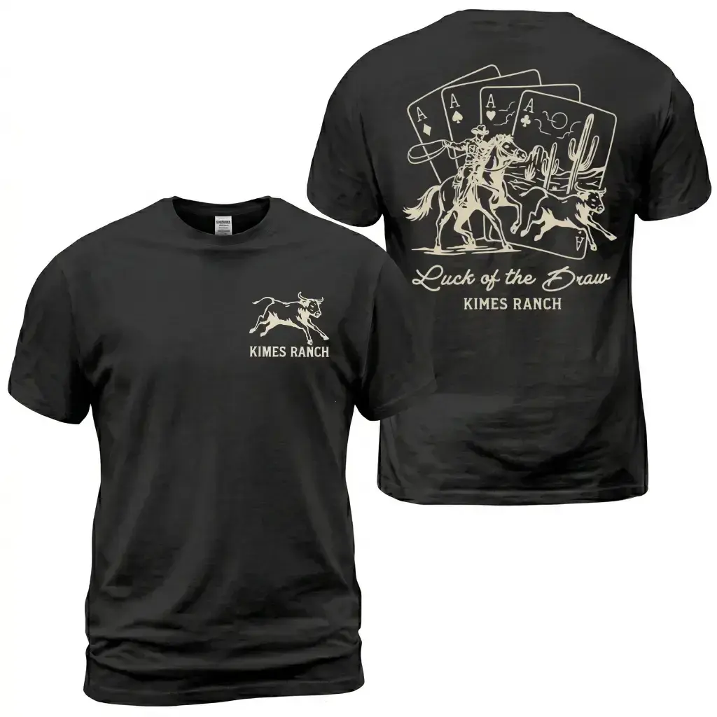 Kimes Ranch Cowboy T-Shirt, Luck Of The Draw Western Back Print Tee, Rodeo Rider And Bull Graphic Shirt, Casino Ranch Style, Casual for Men and Women - AK