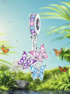New Style Original Silver Color Charm DIY Beads with Colorful Diamond Butterfly Dragonfly Sweet Pink Cherry Blossom Tulip Bouquet Zircon Hanging Beads Perfect Choice for Female DIY Jewelry Cute Ideal for Spring Parties Teen Birthdays