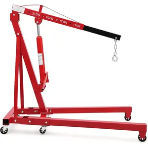 2 Ton Folding Hydraulic Engine Hoist with Lever, Folding Engine Shop Crane Hoist Lift, Heavy Cherry Picker with 6 Wheels for Garage, Workshop,Red (Cherry-No Lever)