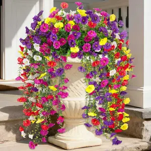 Artificial Hanging Flowers for Outdoors Faux Plants, Garden Decorations, 8PCS Faux Morning Glory Fake Outdoor Flowers UV Resistant Decorative Silk Flower for Outside Planter Front Door Porch Patio Yard Decor Indoor Outdoor Decorative