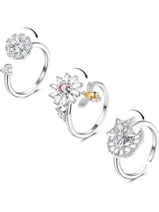 3Pcs Women Anxiety Rings Fidget Spinner Ring Cubic Zirconia Moon Star Flower Spinning Rotatable Worry Rings for Stress Relieving Adjustable Fashion Rings