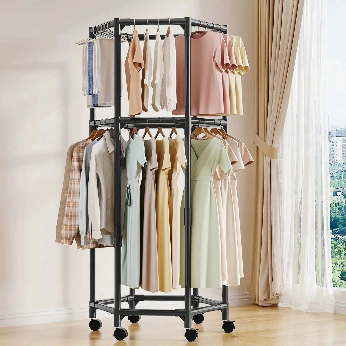 360° Rotating Clothes Rack with Wheels, Double Layer Garment Rack, Large Capacity Clothing Organizer, Heavy Duty Freestanding Clothes Hanger Storage Rack for Bedroom Closet Laundry Room