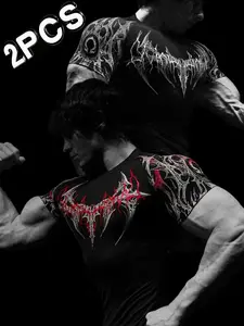 2 Pcs Men's Sporty Fitness T-Shirts, Dark Thorn Print, High Elasticity, Quick-Dry, Breathable, Slim Fit, Ideal for Gym Training, Sporty Round Neck, Fitness Workout Shirt
