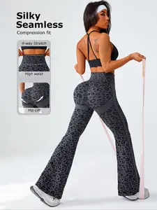 Women's Seamless High-Waisted Knitted Leopard Print Wide Leg Yoga Pants, Sporty Style, Belly Control, Running Trousers, Casual Home Wear, Sports Stretchy Leggings