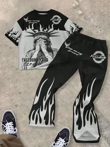 Youth Boy Casual Y2K Street Style Tee and Pants Set, Youth Kits, Statue of Liberty Print, American Retro Colorblock, Summer