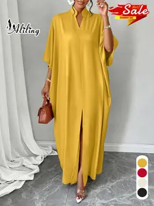 Women's Plain Notched Neck Split Hem Long Dress, Elegant Fashion Casual Dress for Daily Outdoor Wear, Women Dress for Summer