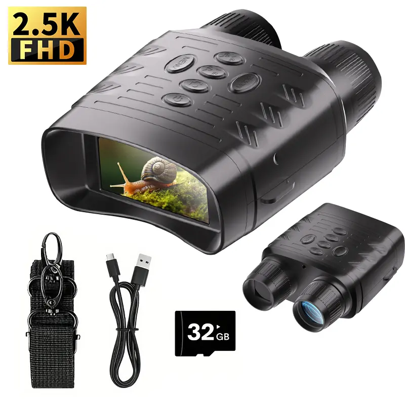 6X Zoom HD Infrared Night Vision Binoculars with 32GB SD Card, USB Rechargeable, 10-Level IR, Type-C Fast Charging, 2.5K Portable for Wildlife Observation, Camping, Fishing & Security - Black