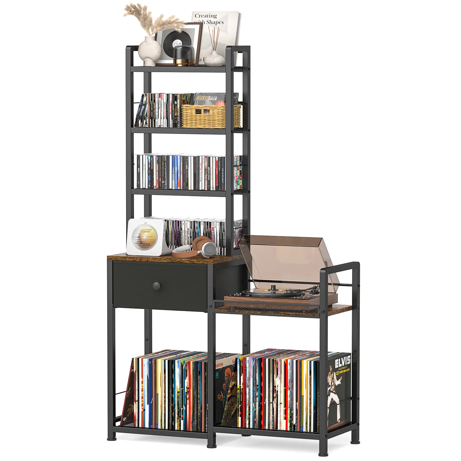 Record Player Stand with Vinyl Storage, 6-Tier Turntable Stand with CD/DVD Rack, Large Capacity Record Storage Organizer with Drawer, Extended Tabletop for Living Room Music Corner
