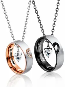 Couple ring set, stainless steel engraved necklace with unisex commitment rings, romantic anniversary and Valentine's Day jewelry gift, polished versatile layering wardrobe essential closet chic