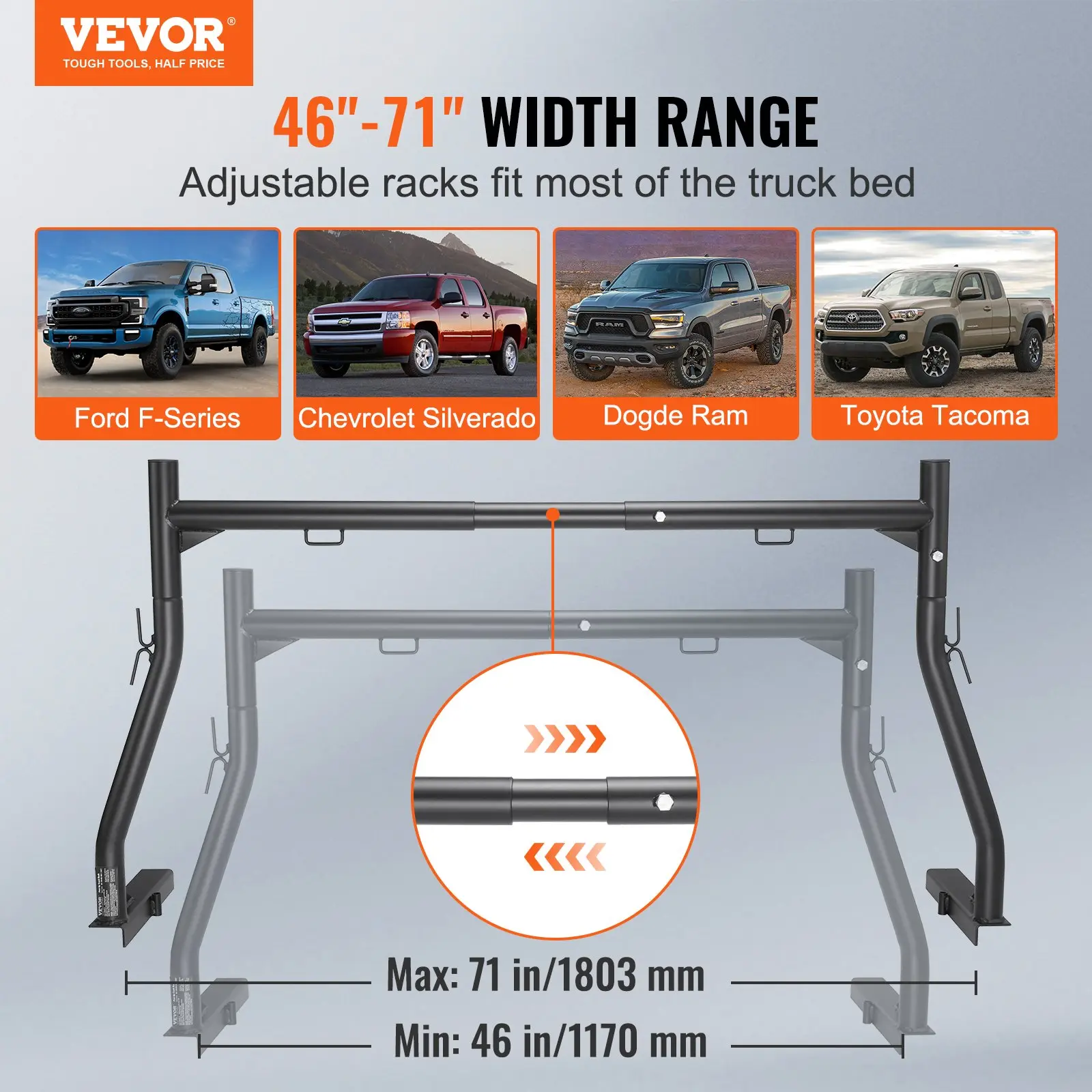 【summerfinds】VEVOR Truck Rack, 46-71inch Extendable Truck Ladder Rack, 800 lbs Capacity Steel Ladder Rack for Truck with Non-Drilling J-bolts, Heavy Duty Truck Bed Rack for Kayak, Surfboard, Lumber, Ladder